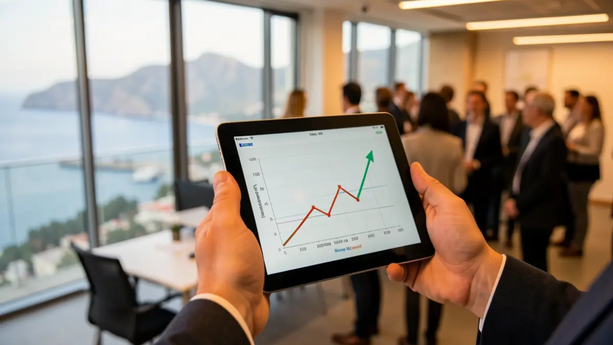 Close-up of a hand holding a tablet displaying an upward trend graph, blurred modern office background with Canarias landscape.