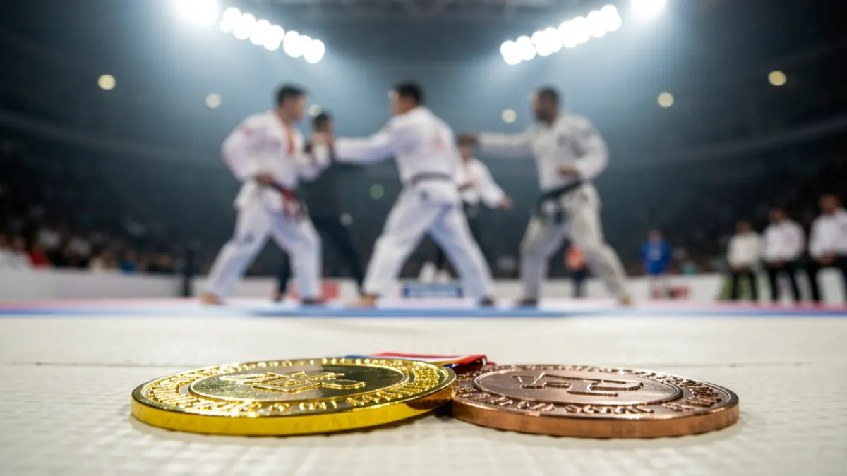 Medallas de oro y bronce sobre un tatami de judo con deportistas compitiendo al fondo.
