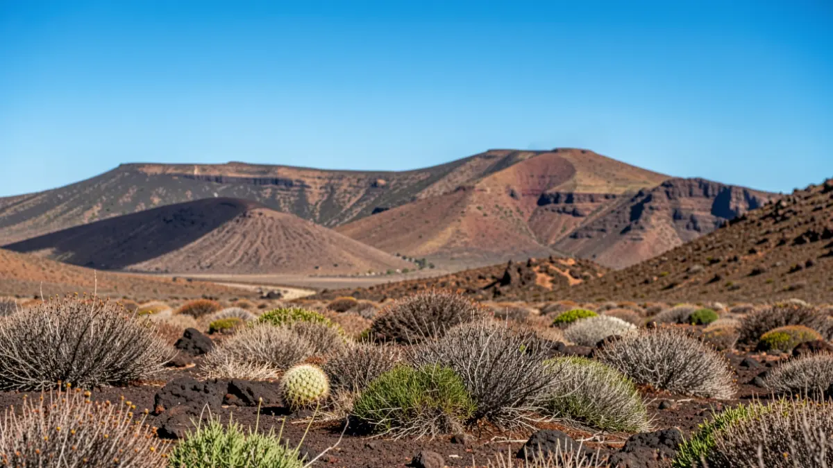 Paisaje volcánico de Canarias con vegetación seca y cielo azul, indicando alto riesgo de incendio.
