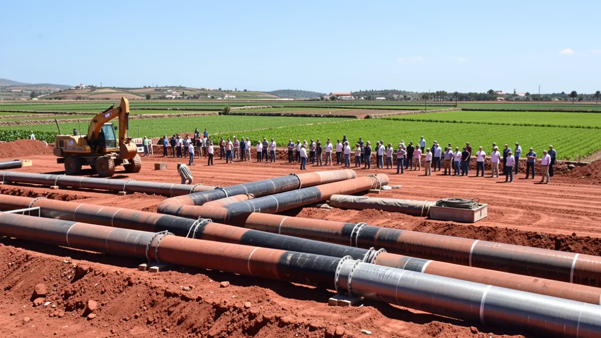 Imagen genérica de obras públicas en Canarias con maquinaria y tuberías.