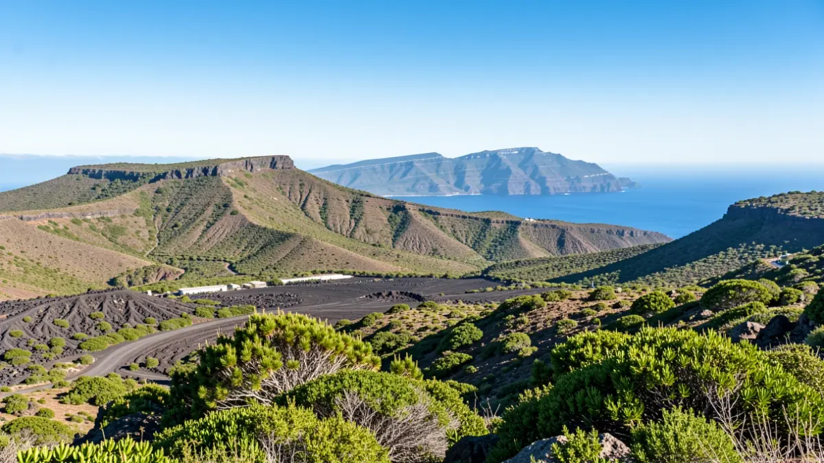 Paisaje genérico de las Islas Canarias con terreno volcánico y vegetación bajo un cielo soleado.