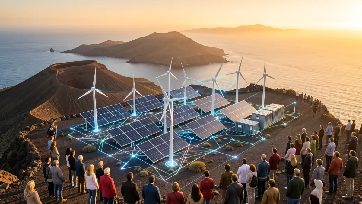 Representación abstracta de inteligencia artificial mejorando una red energética sostenible en Canarias, con elementos de paneles solares, turbinas eólicas y almacenamiento de baterías integrados en una red digital, sobre un fondo de paisajes volcánicos y océano.