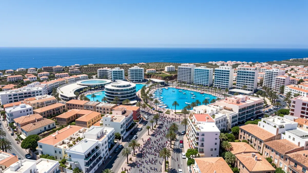 Aerial view of a coastal tourist area in the Canary Islands with modern developments and older buildings, showing renovation and construction.