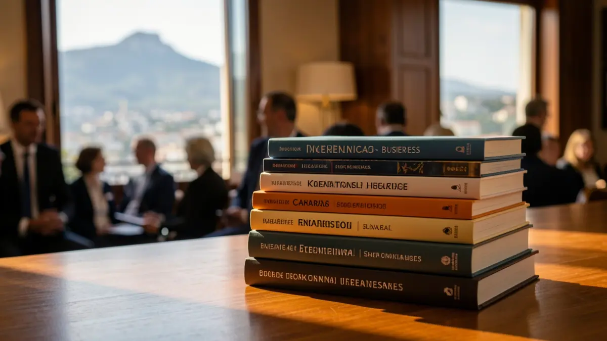 Imagen genérica de libros sobre negocios internacionales y un paisaje canario desenfocado.