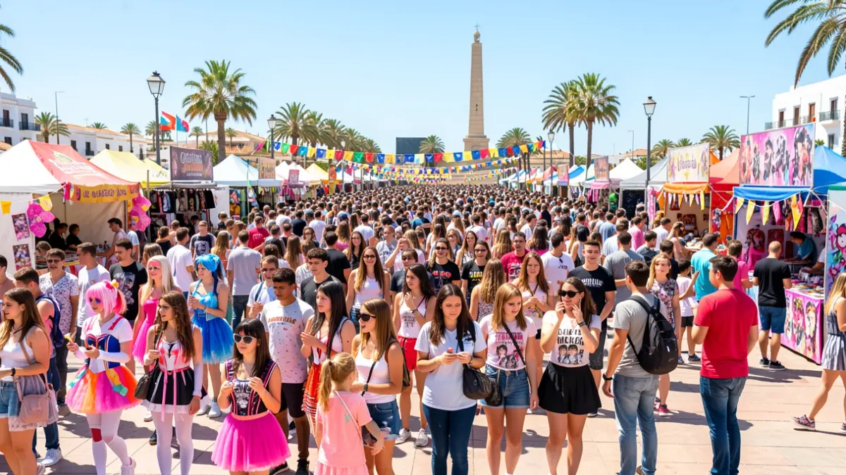 Multitud disfrutando del Canarias Manga Festival en Puerto del Rosario, Fuerteventura, con actividades de cosplay y K-pop.