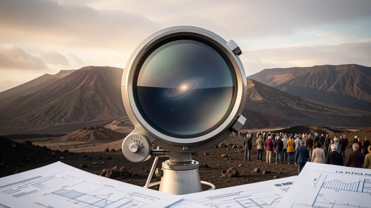 Representación simbólica de un telescopio sobre el paisaje volcánico de La Palma, con documentos gubernamentales.