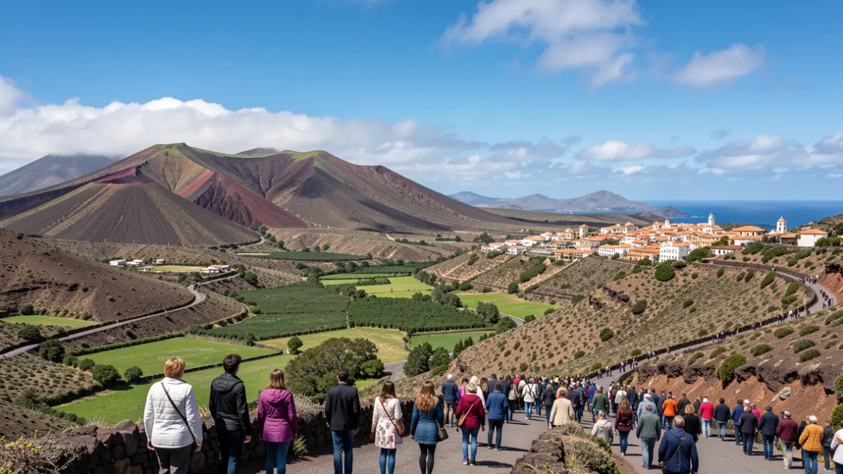 Generic landscape of the Canary Islands with volcanic mountains and traditional architecture.