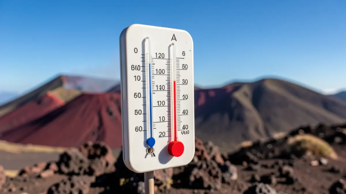 Generic image of a thermometer showing high temperatures in a volcanic landscape of the Canary Islands.