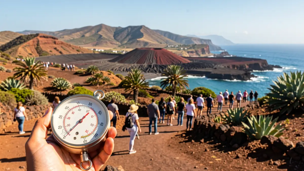 Generic image of a thermometer showing high temperatures in a Canarias landscape.