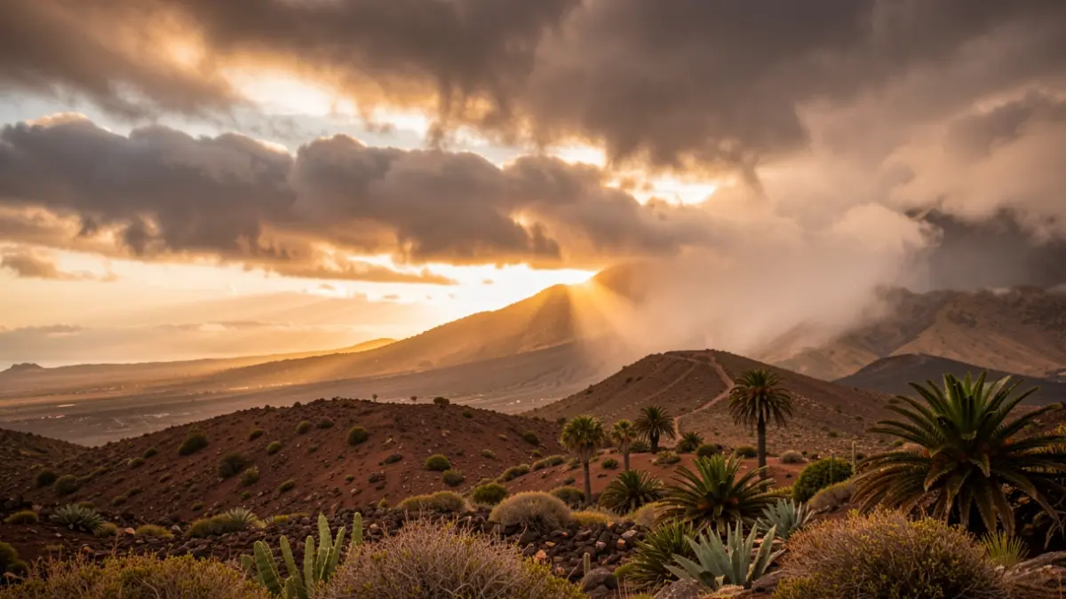 Cielo dramático sobre el paisaje volcánico de Gran Canaria con nubes y sol, indicando una subida de temperaturas.