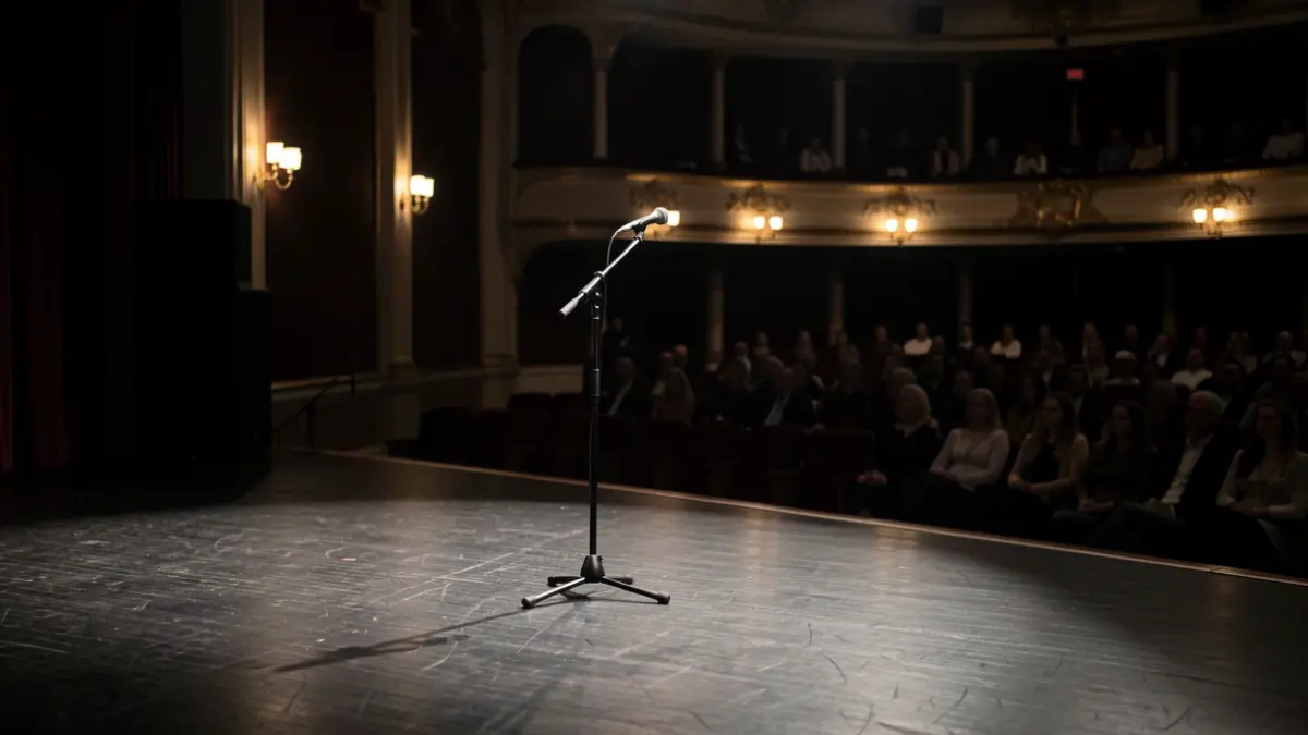 Generic image of a theater stage with a microphone.