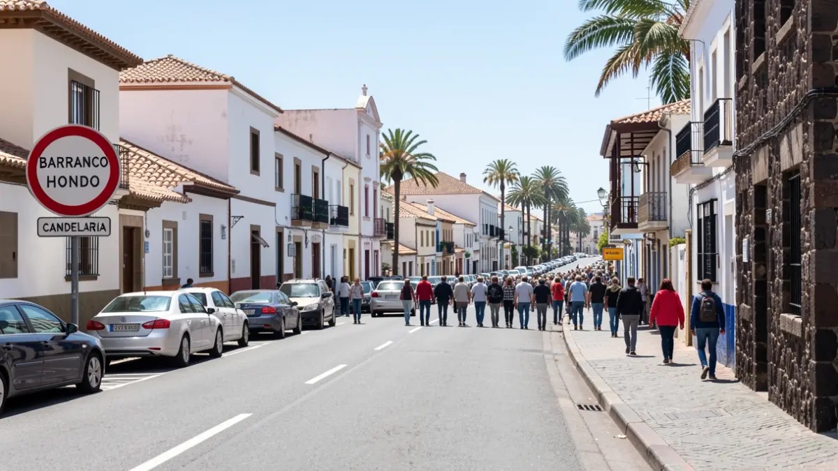 Imagen de la calle Romano en Barranco Hondo, Candelaria, con señales de tráfico y vehículos.