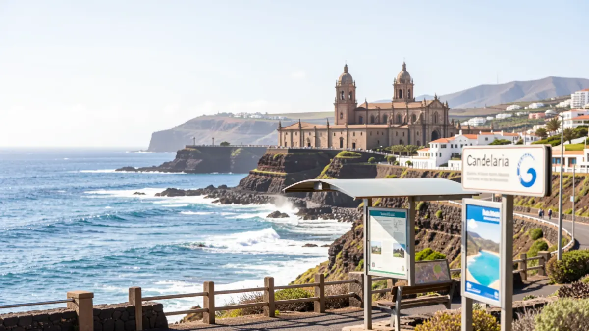 Panoramic view of Candelaria, Tenerife, featuring its coastline and Basilica.