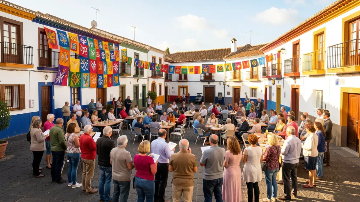 Candelaria town square with residents participating in a community meeting.