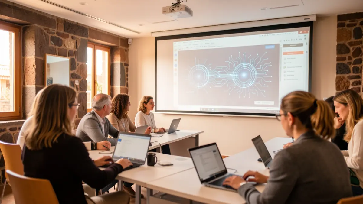 Sala de formación moderna en Candelaria con personas usando tecnología y gráficos de IA en pantalla.