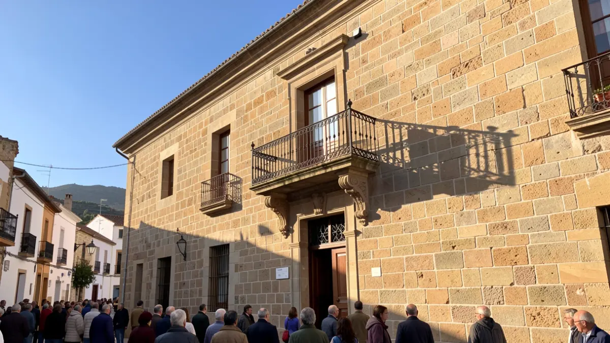 Facade of a traditional Canarian town hall with a balcony and iron railings, warm afternoon light, blue sky.