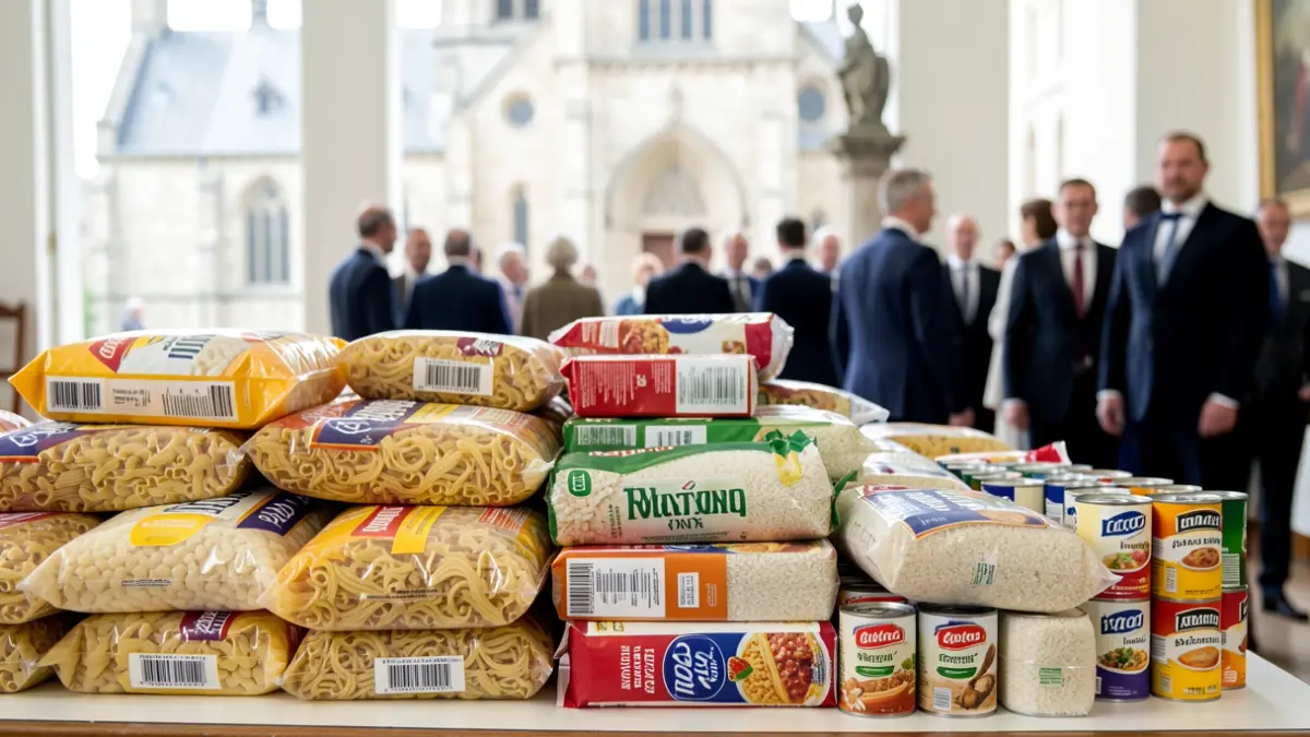 Imagen de una gran cantidad de alimentos no perecederos donados.
