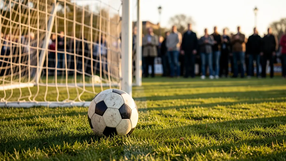 Imagen genérica de un balón de fútbol sobre el césped con la red de la portería desenfocada.