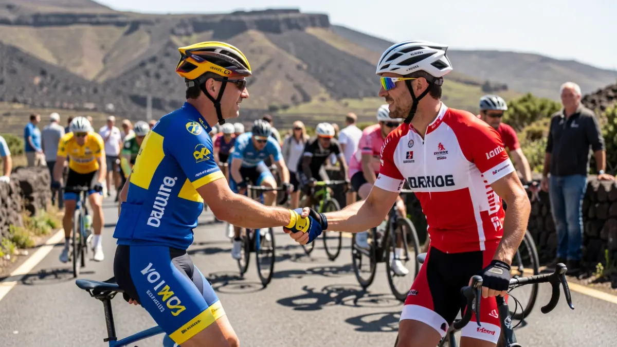 Cyclists from Candelaria and Galicia shake hands during a sports meeting in the Canary Islands.