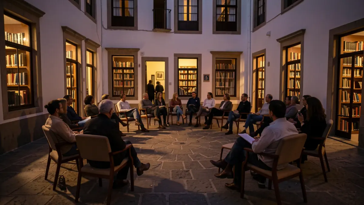 Generic image of a library courtyard in the Canary Islands at dusk, with chairs arranged for an event.