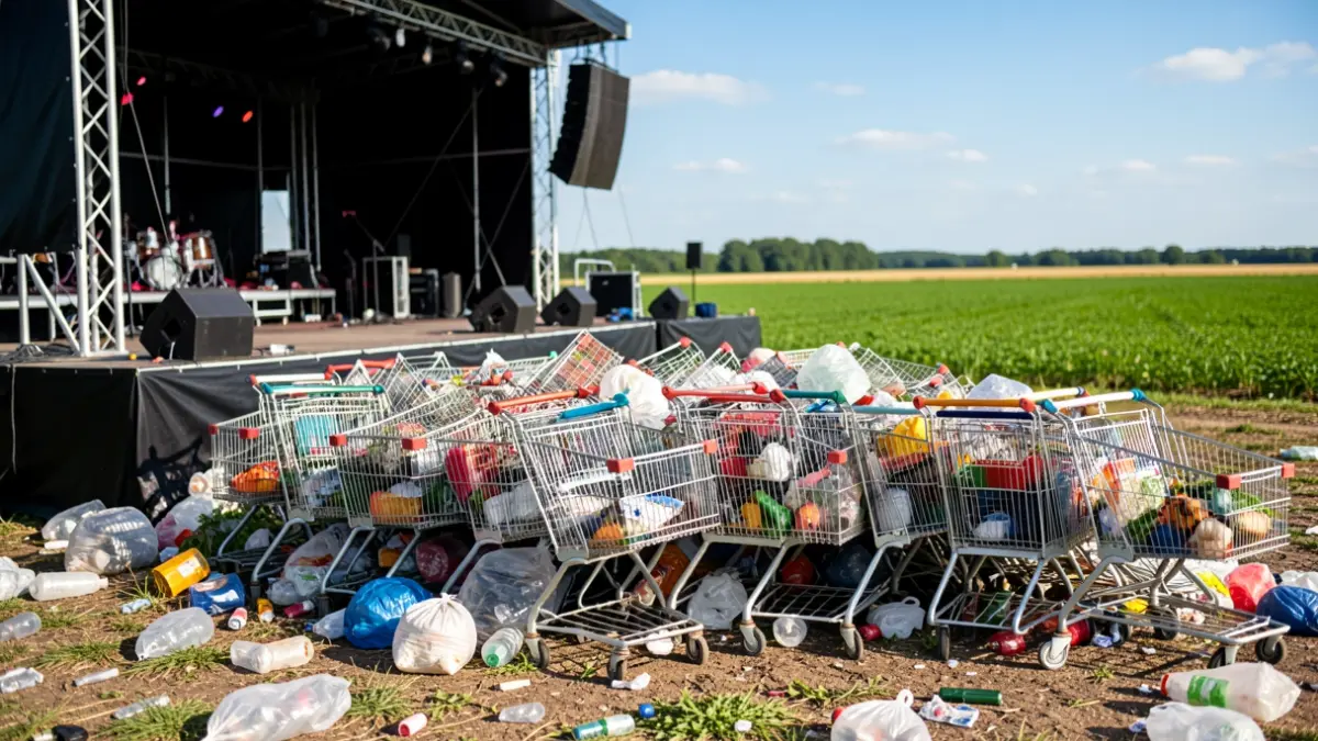 Montón de carros de la compra abandonados y basura detrás de un escenario.