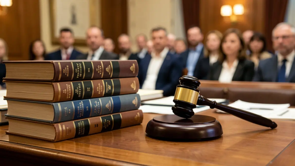 Imagen de libros de derecho y una maza sobre un escritorio.