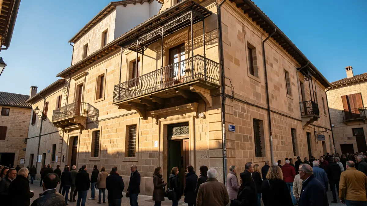 Fachada de un ayuntamiento tradicional de Canarias con balcón y barandillas de hierro, luz de sol cálida de la tarde.