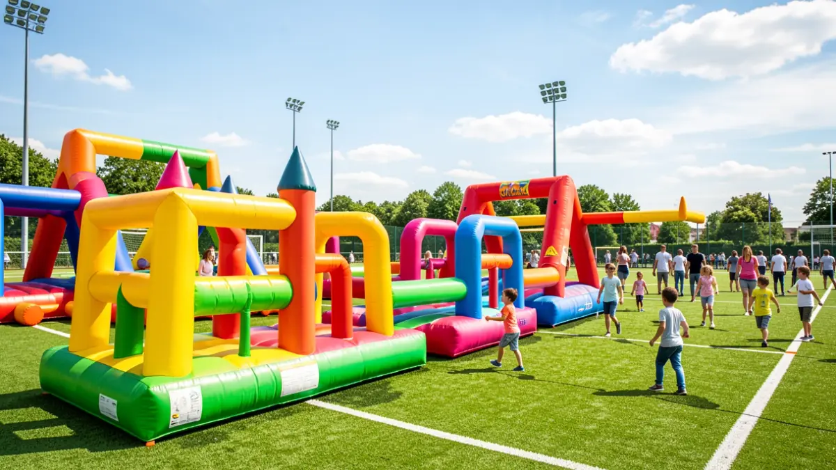 Imagen genérica de un circuito de obstáculos hinchables en un campo deportivo con familias disfrutando.