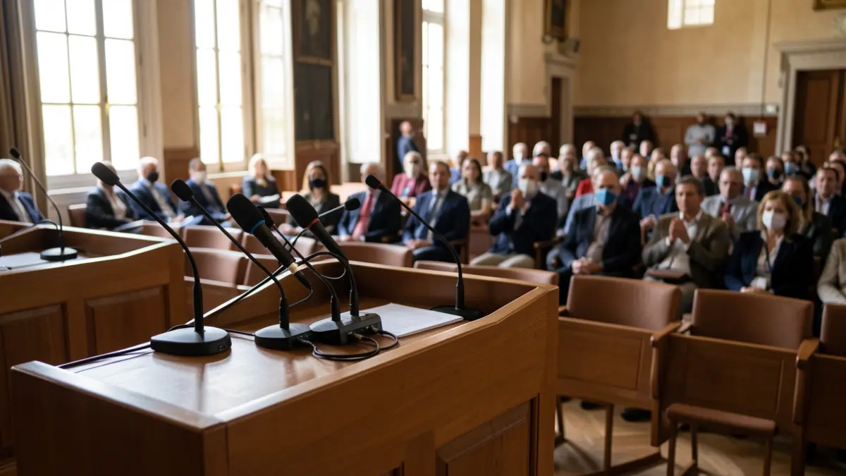 Imagen genérica del interior del Parlamento de Canarias con micrófonos y sillas.