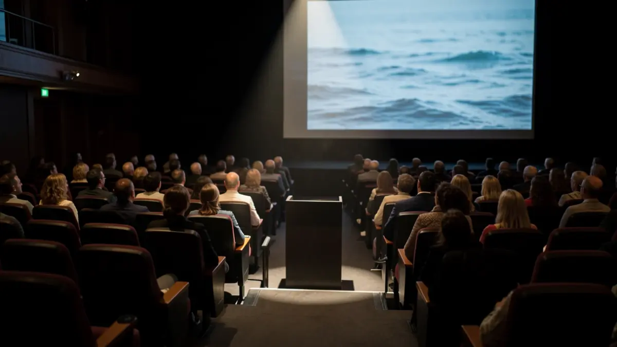 Generic image of an empty auditorium with an illuminated podium.