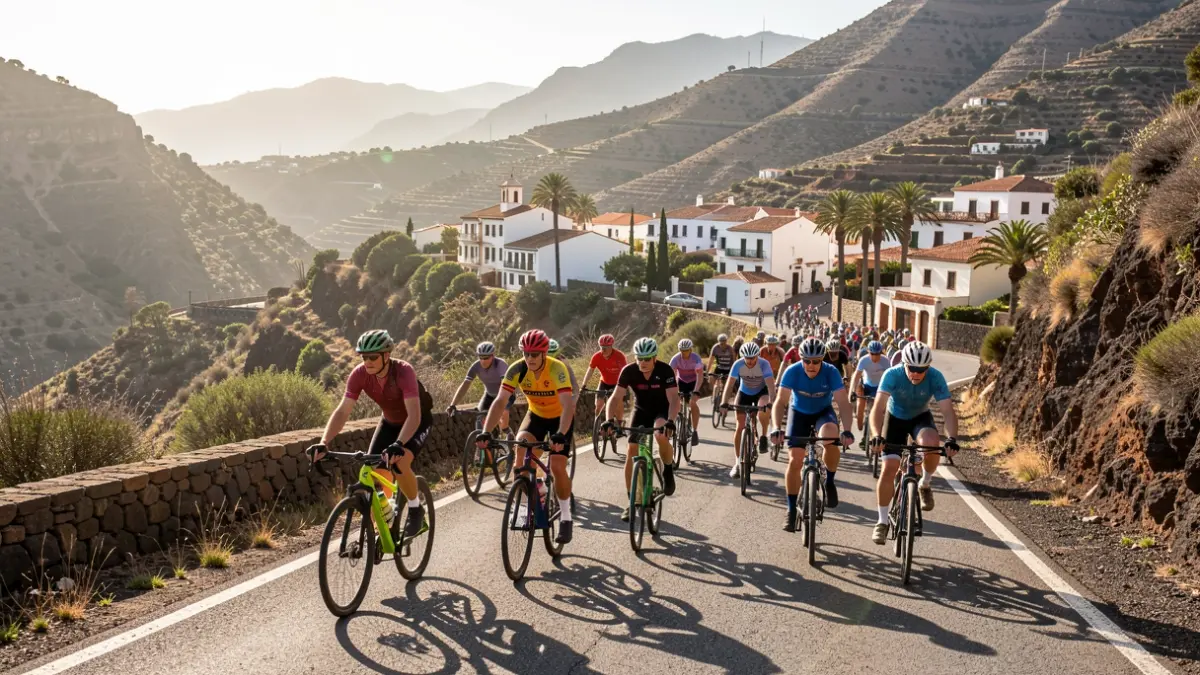 Ciclistas recorriendo una ruta escénica en Gran Canaria con arquitectura local.