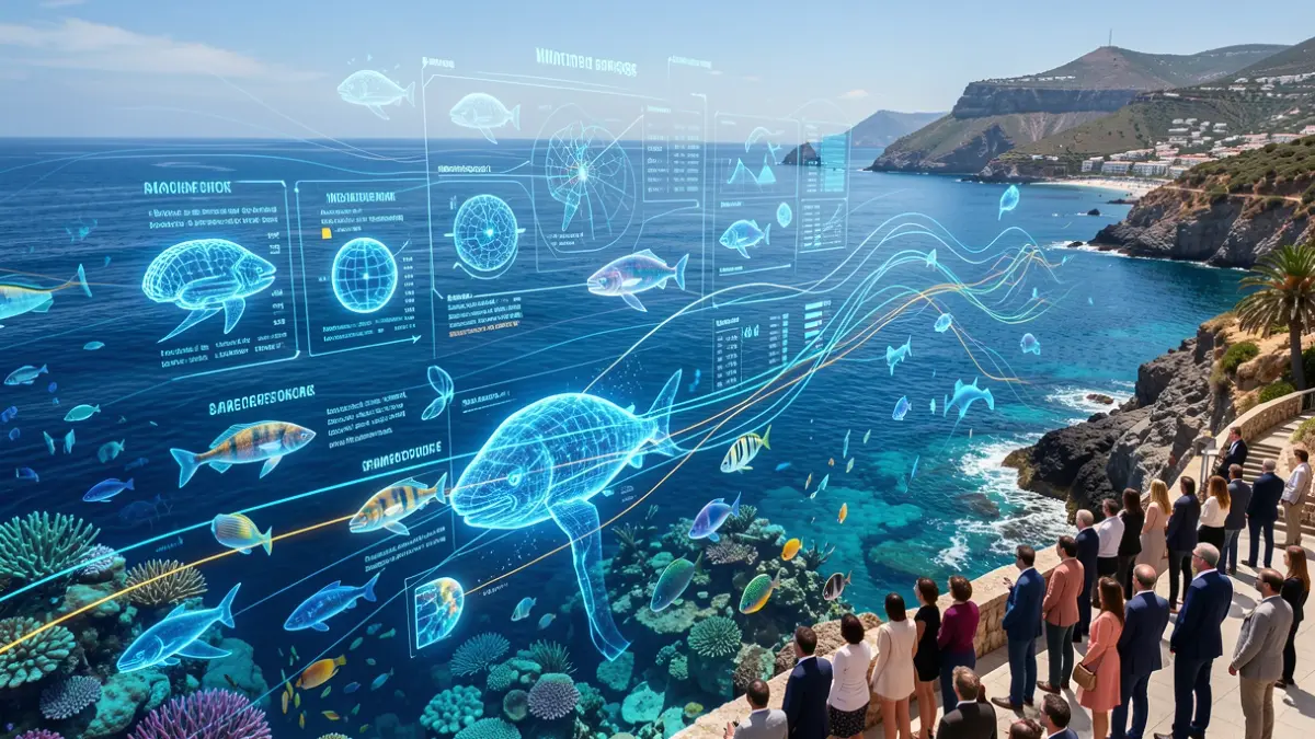 Representación digital del océano con flujos de datos e inteligencia artificial para la sostenibilidad marina.