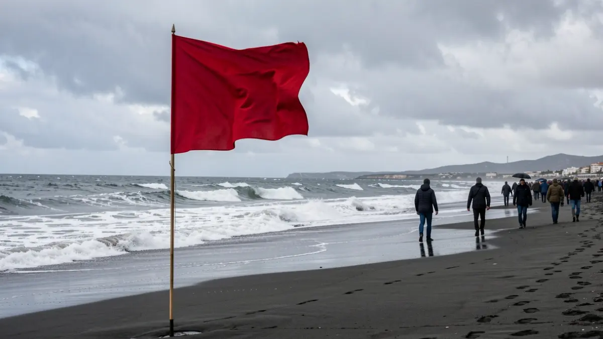 Red flag waving at El Médano beach, Granadilla de Abona, due to bacterial contamination.