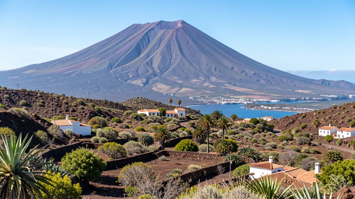 Volcanic landscape of La Palma island with Teide in the background.