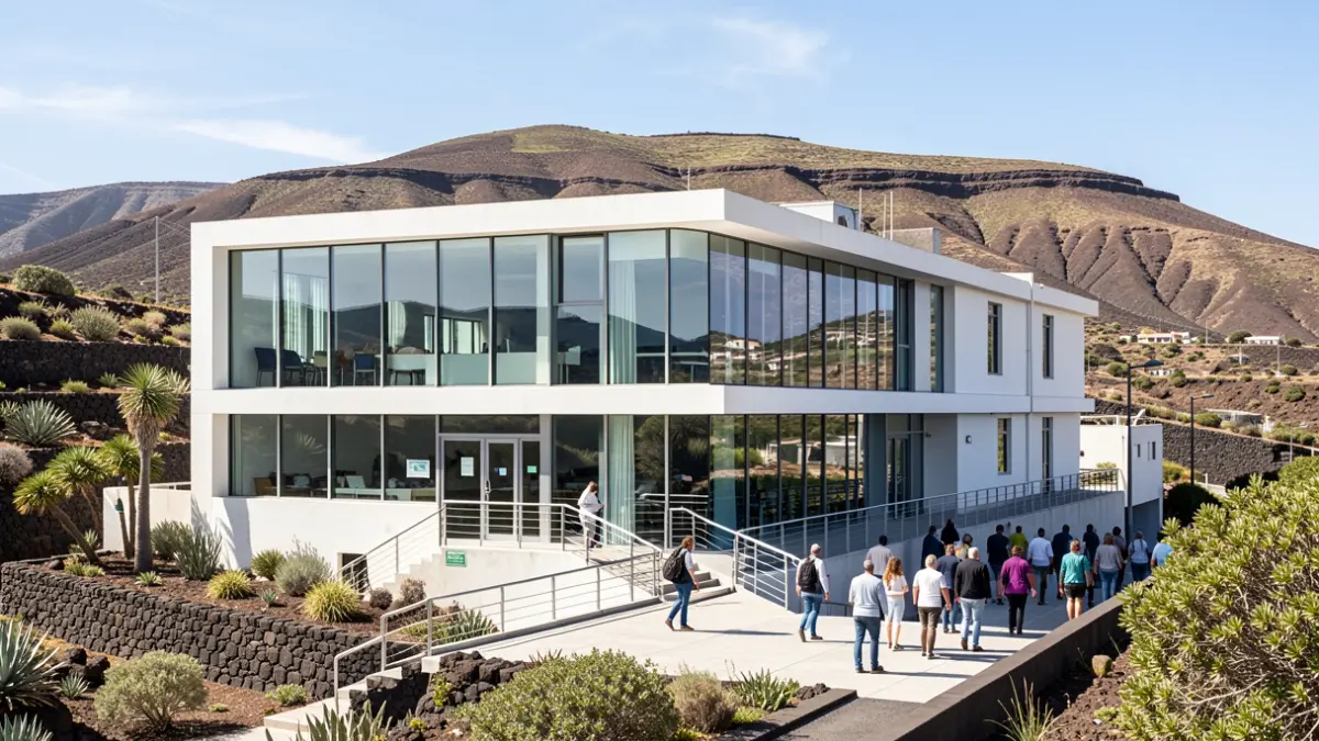 Fachada de un centro sociosanitario moderno en un valle de Canarias con colinas volcánicas al fondo.