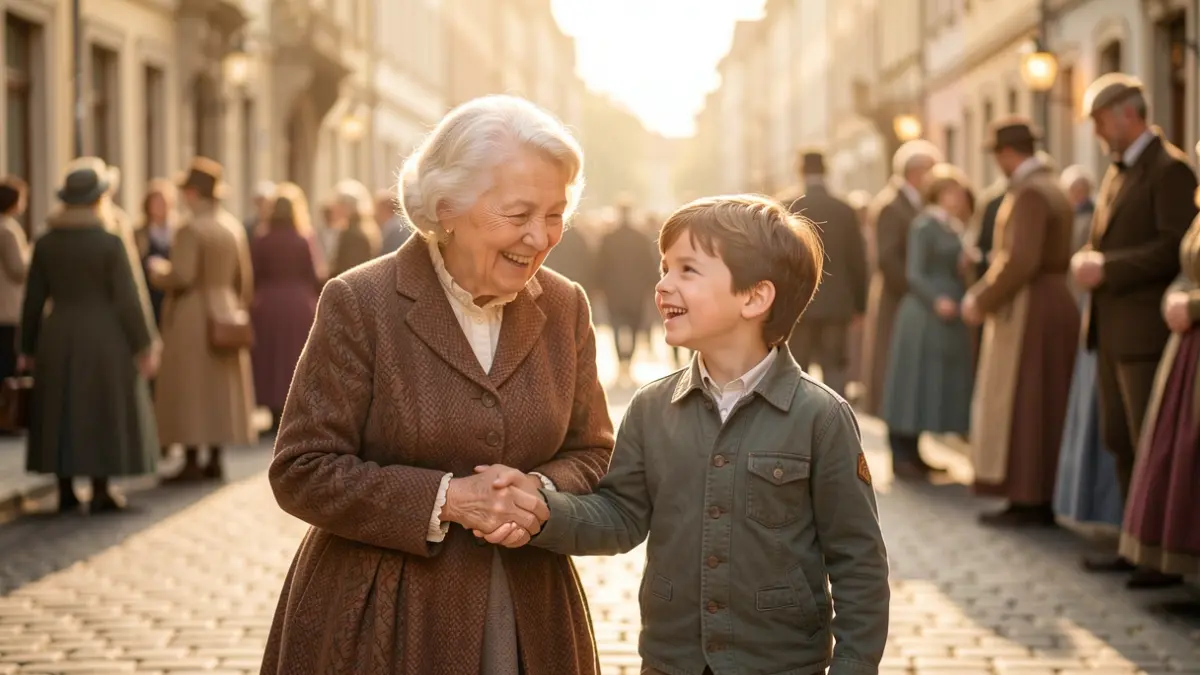 Imagen de una anciana y un niño emprendiendo un viaje imaginativo.