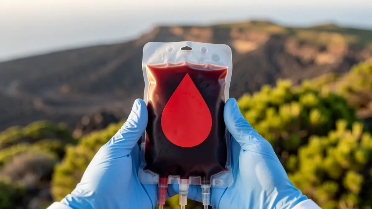 Bolsa de sangre con símbolo de gota roja, sostenida por manos enguantadas, con paisaje volcánico de Canarias al fondo.