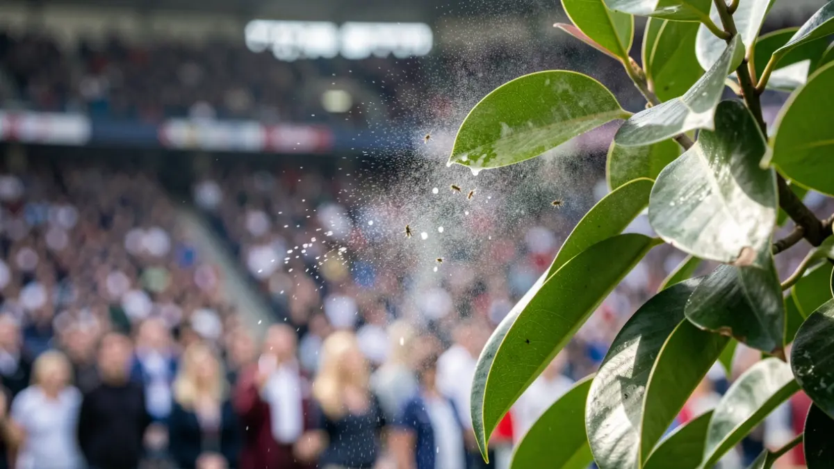 Detalle de hojas de ficus con insectos y una fina pulverización de agua jabonosa.