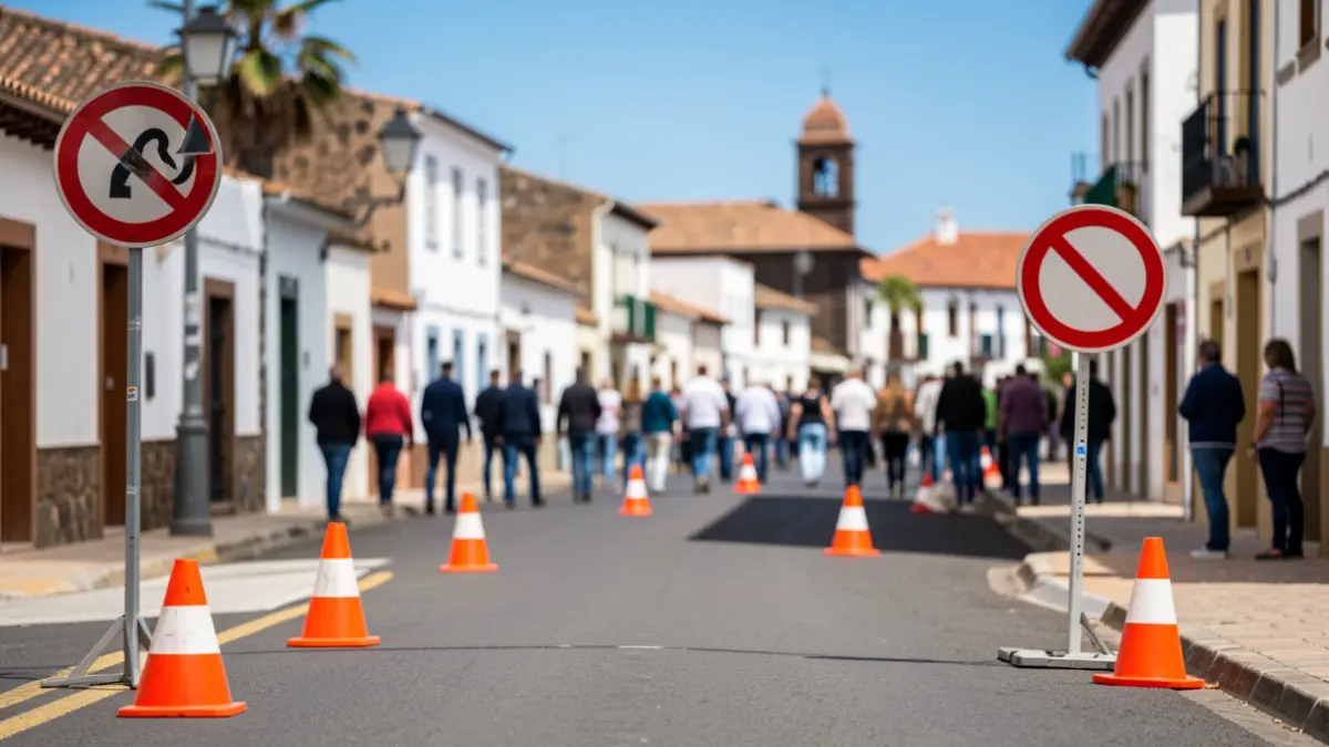 Imagen genérica de un corte de tráfico en una calle de Gáldar con señalización y arquitectura local.
