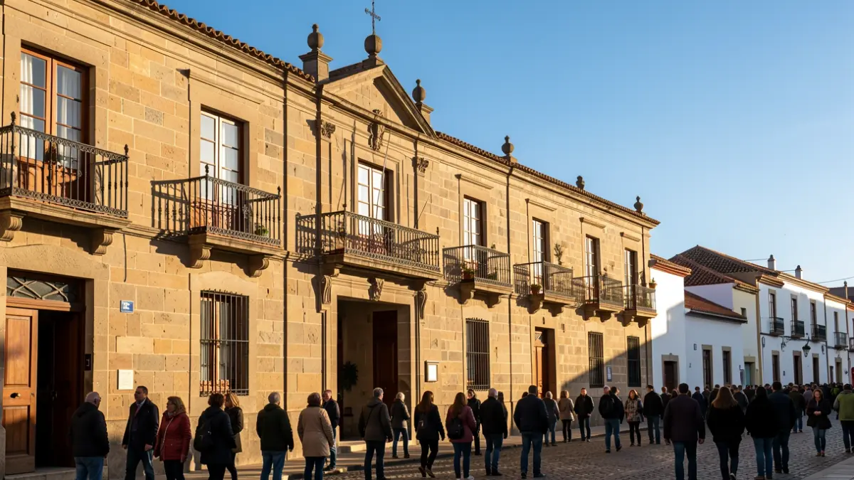 Fachada de un ayuntamiento tradicional canario con balcones ornamentados y barandillas de hierro, bajo la luz del sol de la tarde.