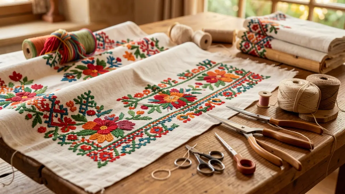 Detail of traditional Canarian embroidery and sewing tools on a wooden table.