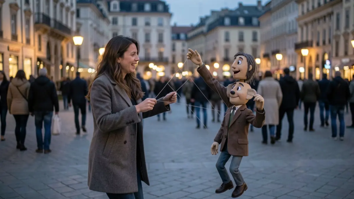 Imagen de una mujer y una marioneta danzando en una plaza urbana al atardecer, evocando memoria y presencia.