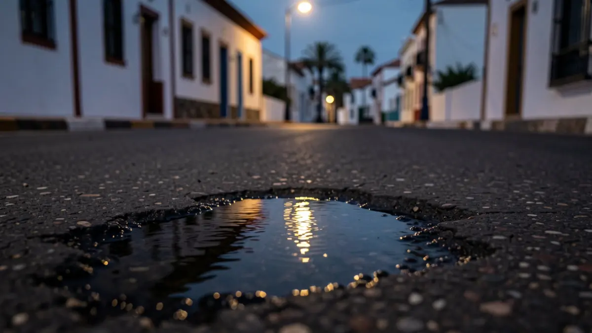 Oil stain on the asphalt of a street in Arrecife, Lanzarote, under the light of a streetlamp.