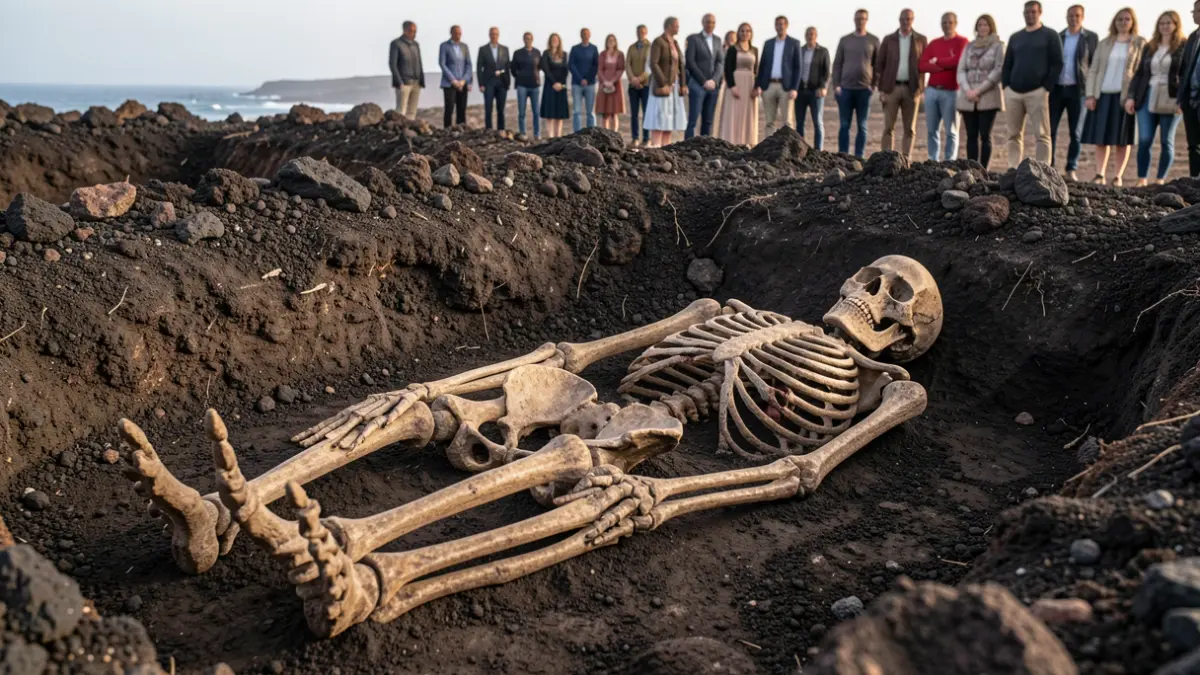 Esqueleto antiguo con deformidades óseas en una excavación arqueológica en Lanzarote.