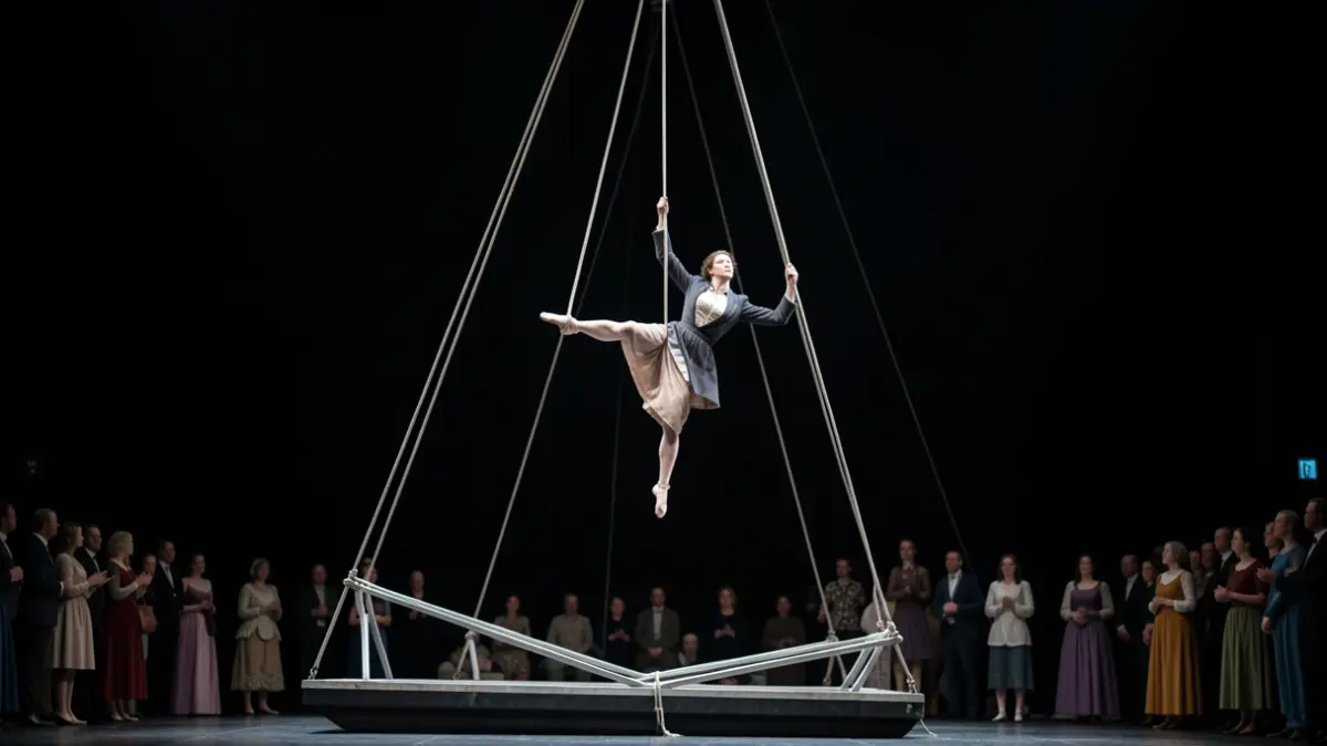 Image of a dancer suspended in the air during a contemporary dance performance.