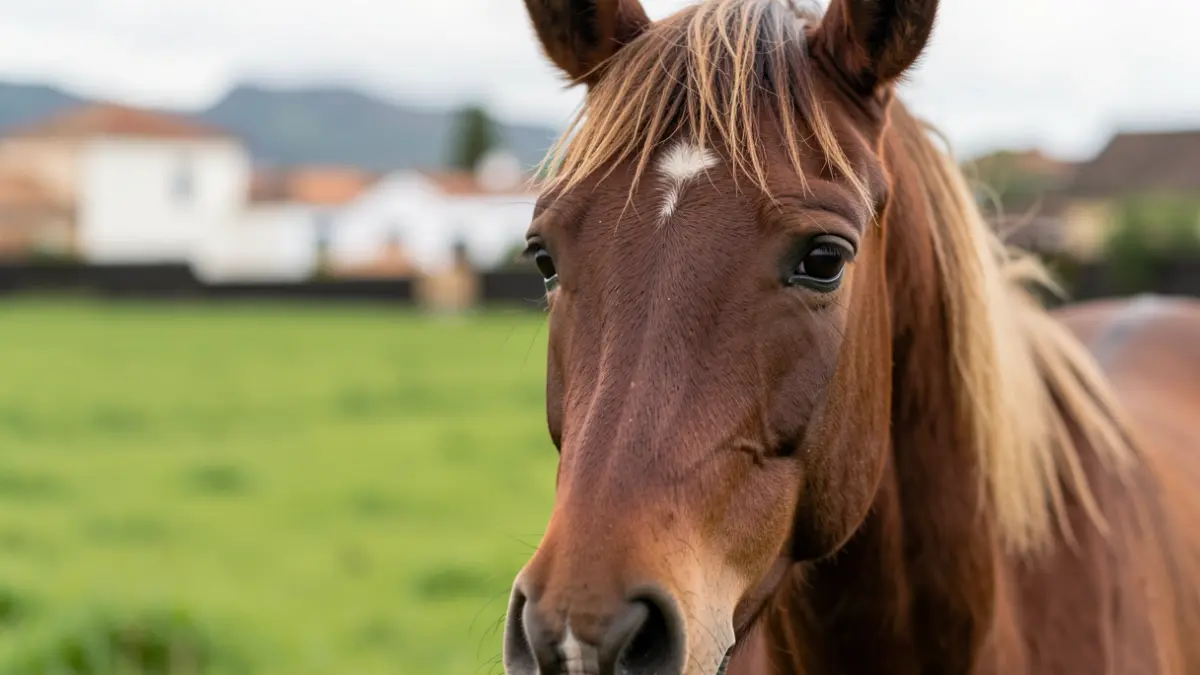 Primer plano de la cabeza de un caballo con expresión de preocupación, con un fondo desenfocado de campos verdes y arquitectura canaria.