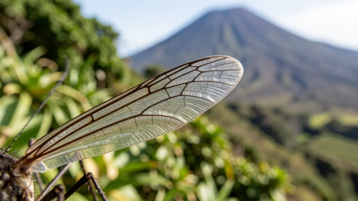 Primer plano del ala de un mosquito con patrones intrincados sobre vegetación verde y un paisaje volcánico de La Gomera.