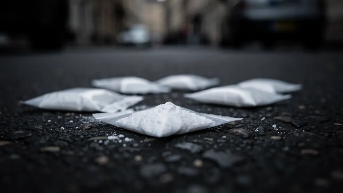 Primer plano de pequeñas bolsas plásticas blancas con polvo blanco sobre asfalto oscuro.