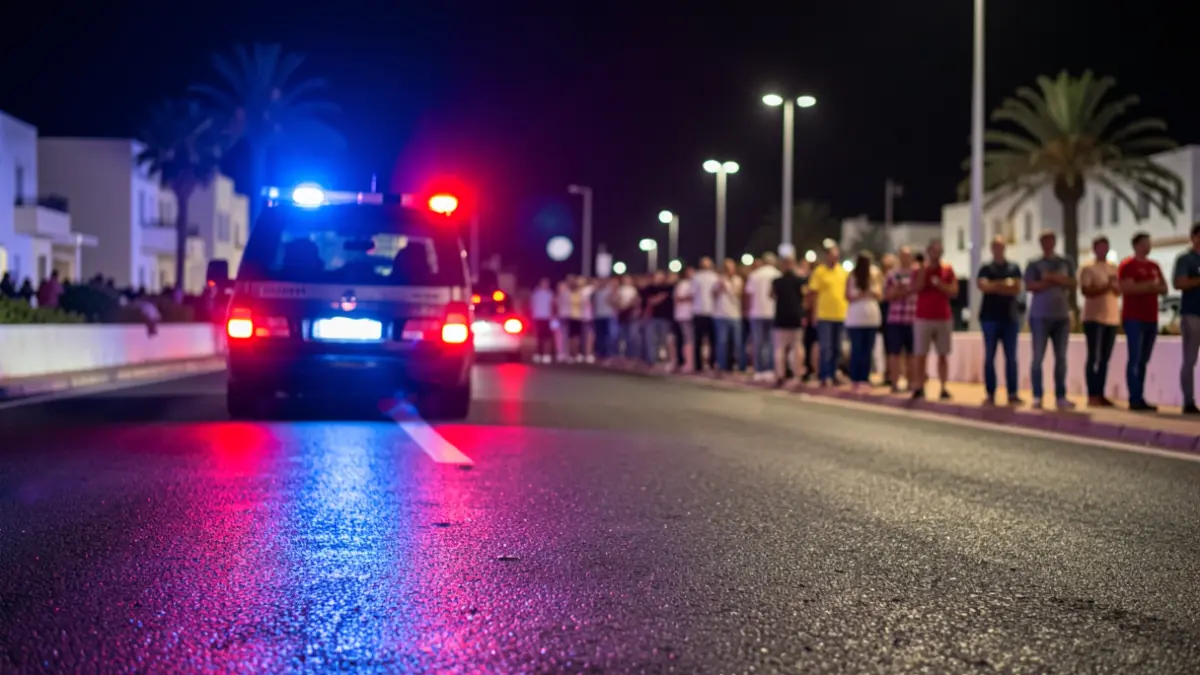 Imagen genérica de luces de emergencia policiales reflejándose en asfalto mojado por la noche.