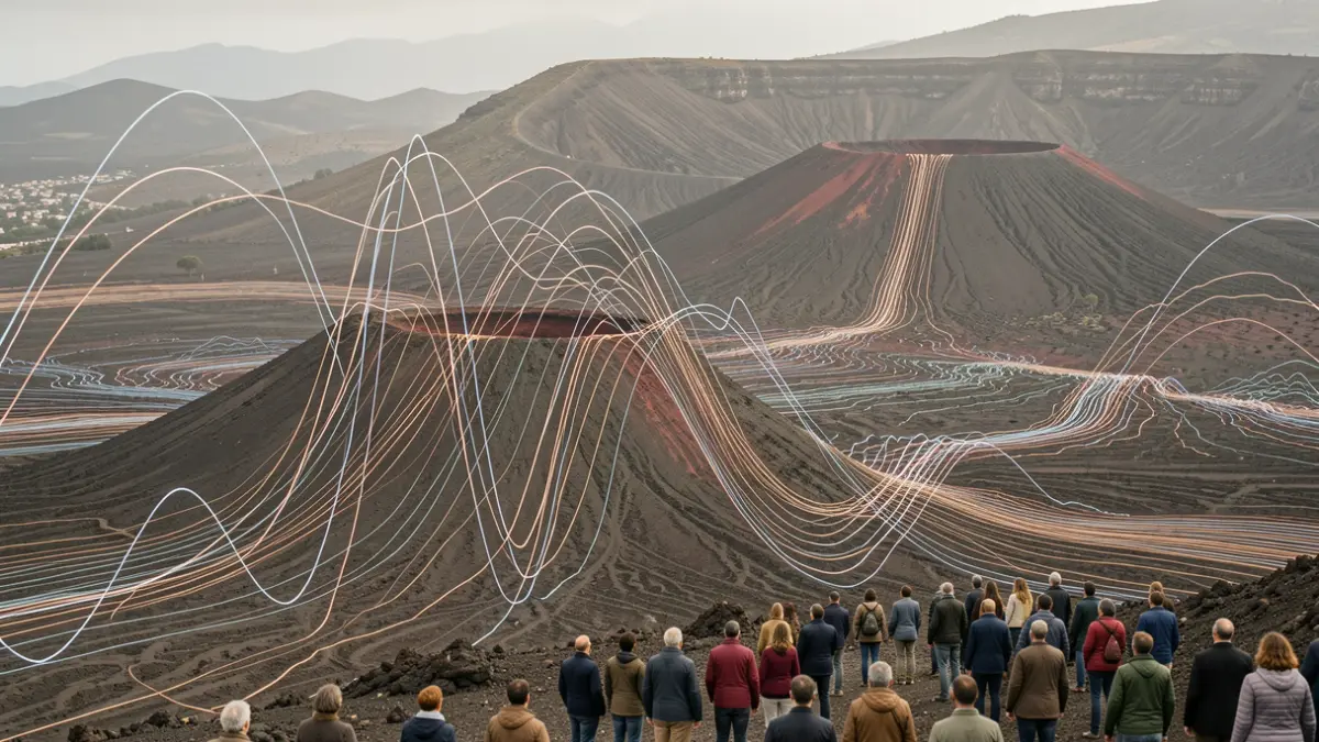 Representación abstracta de ondas sísmicas sobre un paisaje volcánico.